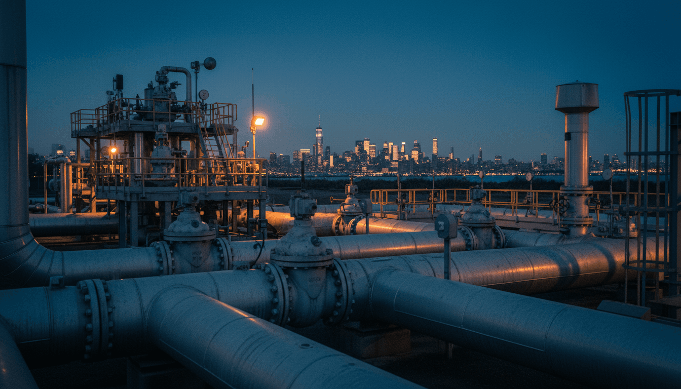 Natural gas pipeline valve station at dusk with distant city skyline