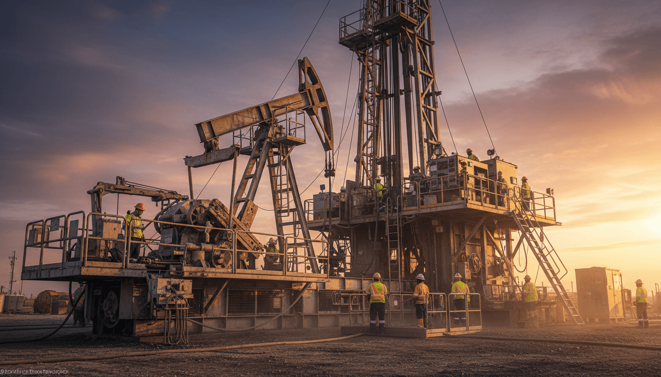 Active oil and gas well site with workers in safety gear operating drilling rig equipment and downhole tools at golden hour