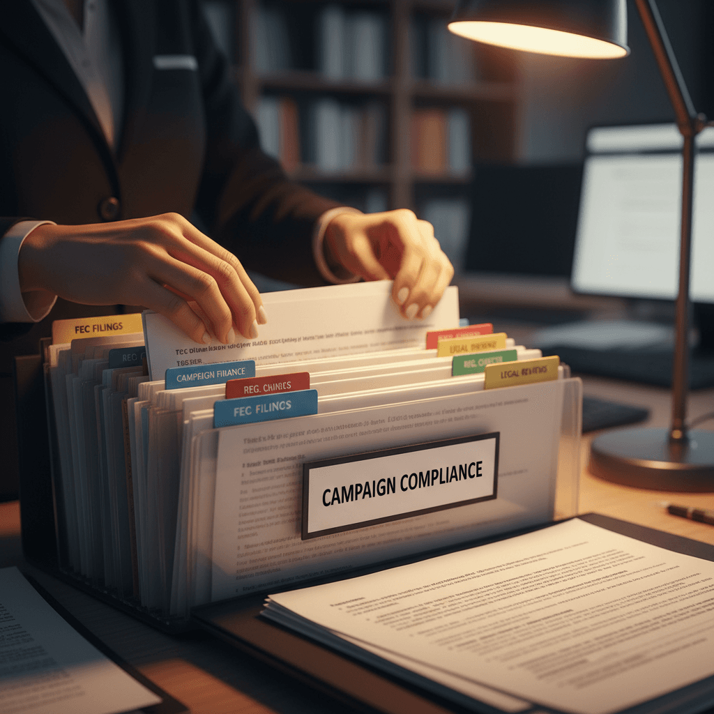 Hands organizing color-coded FEC compliance documents and regulatory filing materials in professional filing system
