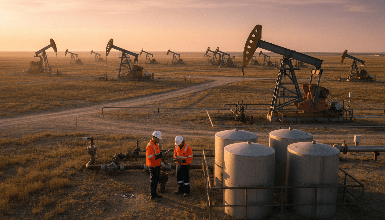 Field technician in safety gear performing equipment maintenance near pump jacks and storage tanks at remote oil well site
